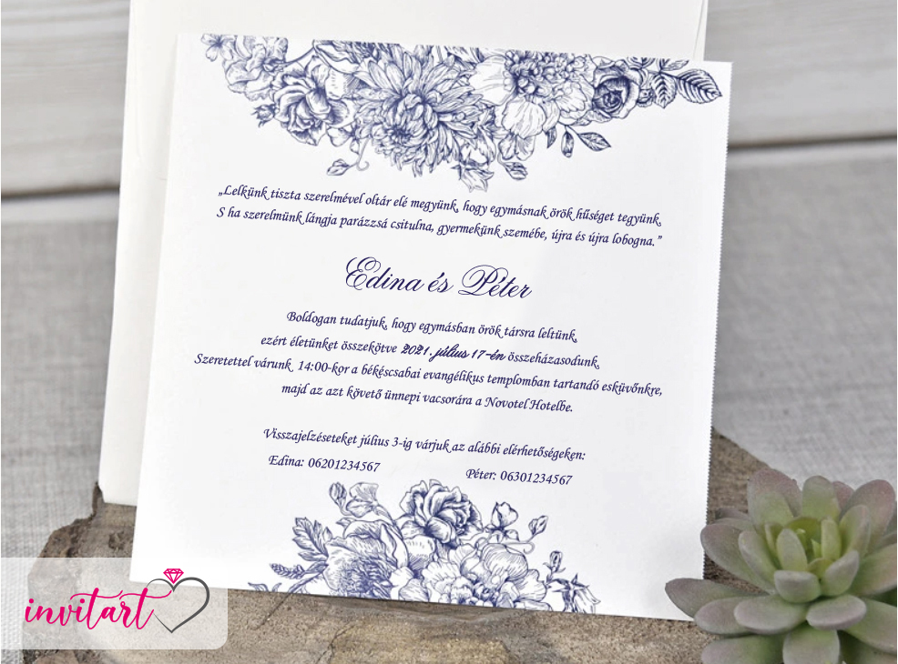 Kék virágos esküvői meghívó borítékkal